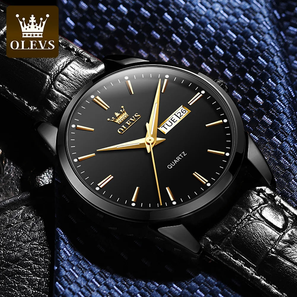 OLEVS Classic Quartz Watch for Men Waterproof Leather Strap + Calendar