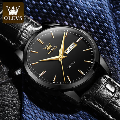 OLEVS Classic Quartz Watch for Men Waterproof Leather Strap + Calendar