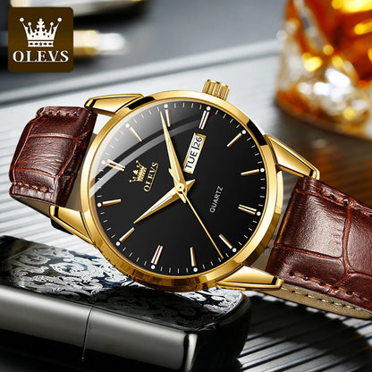 OLEVS Classic Quartz Watch for Men Waterproof Leather Strap + Calendar