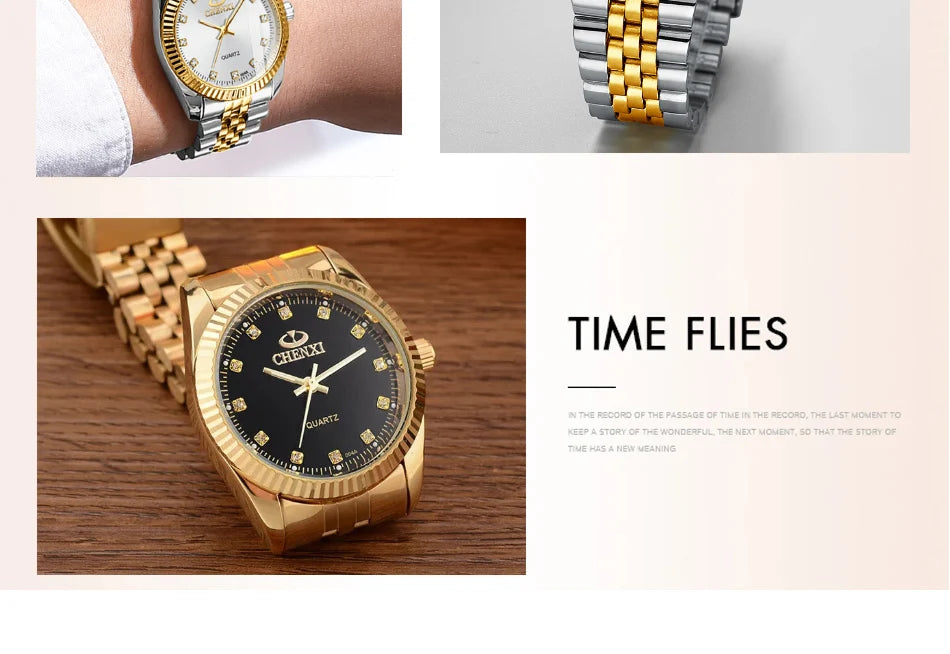 CHENXI Rhinestone Dial Golden Quartz Watch Stainless Steel + Waterproof