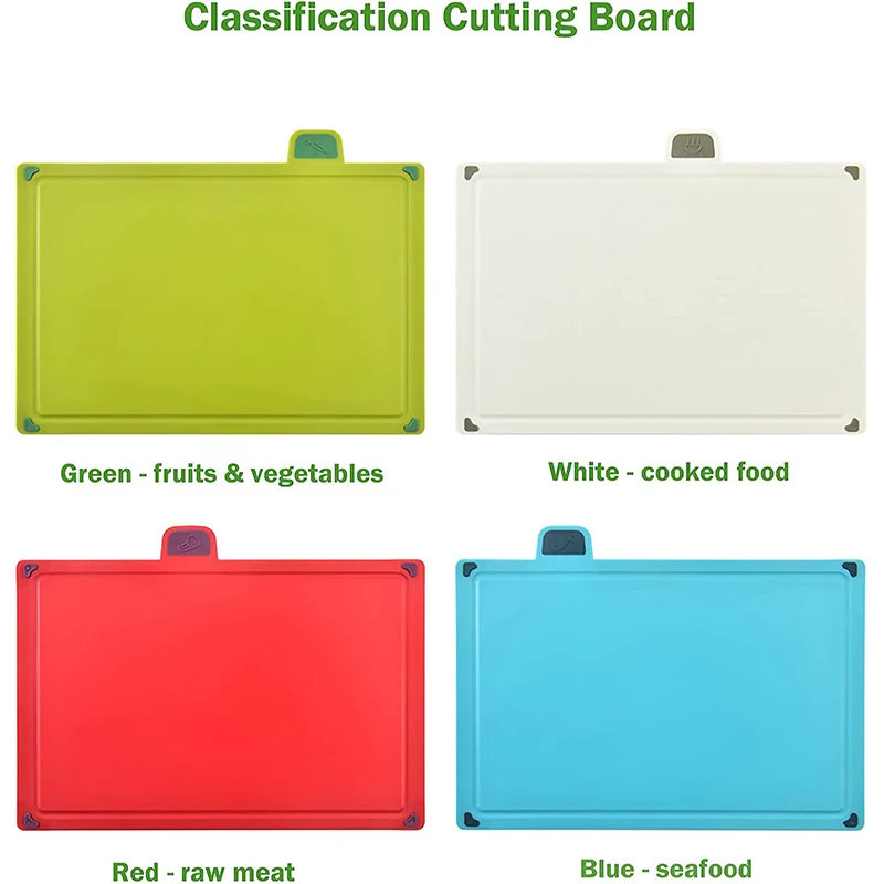 LMETJMA 4Pcs Color-Coded Plastic Cutting Board Set with Storage Stand Thicker Chopping Board Set Slip-Resistant Design JT114