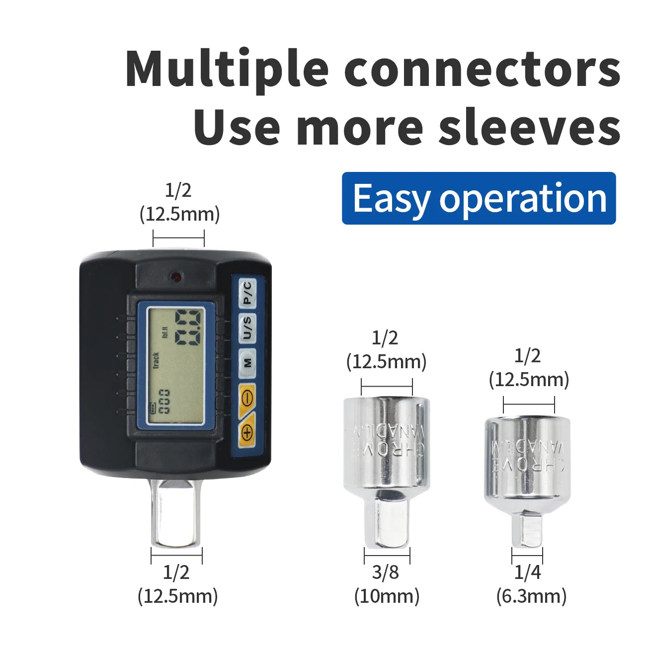 Digital Torque Adapter 1/2"Drive Include Adapters for 3/8" and 1/4"