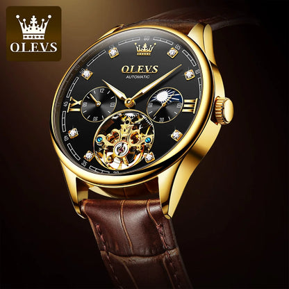 Men's Watch OLEVS 3601 Automatic Waterproof Stainless Steel + Leather Strap