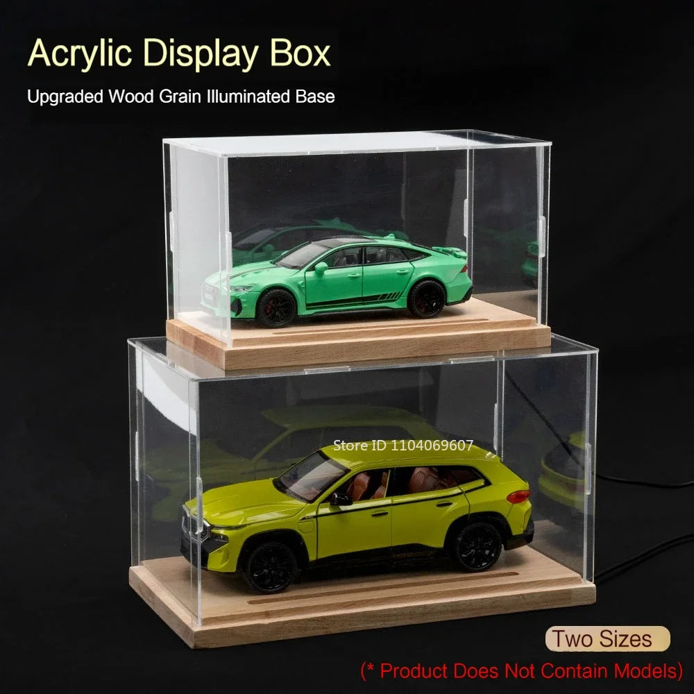 Model Vehicle Acrylic Dust Covers with a Wooden Base + LED Lights.