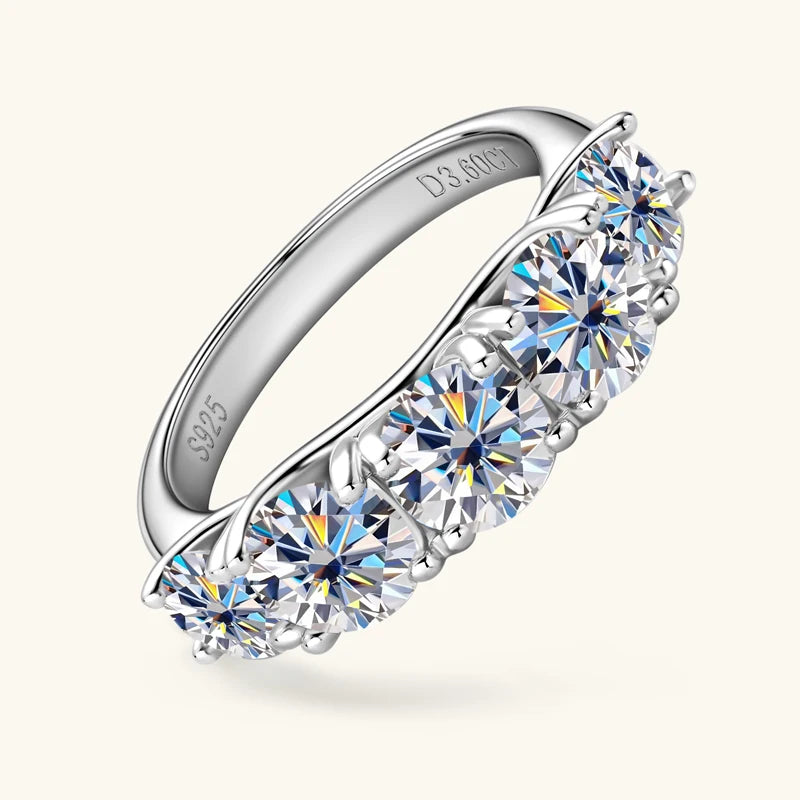 Ring Sparking D Colour 5 Stone 925 Silver. 3.60CTW Moissanite Gem.