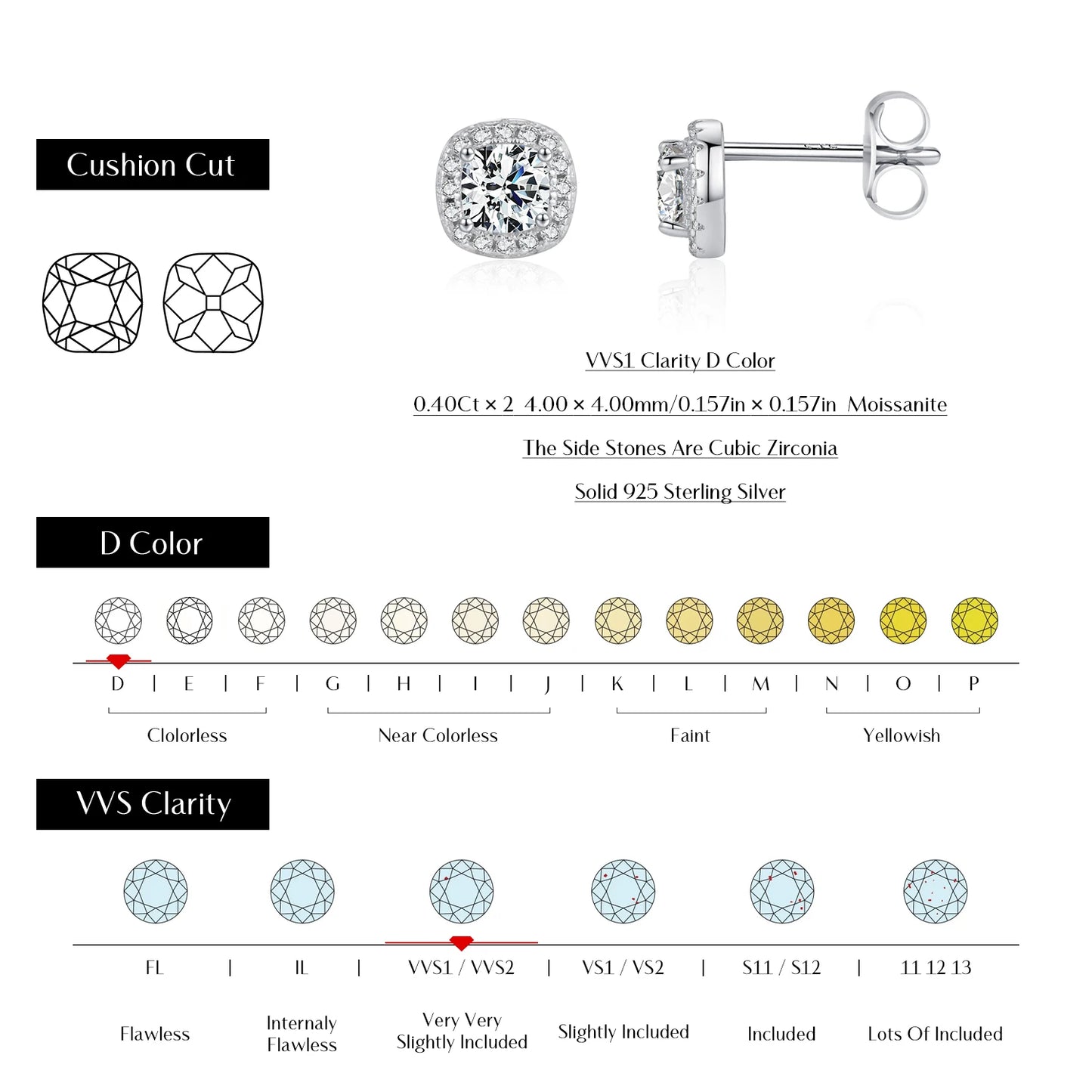 Stud Earrings 925 Sterling Silver D Colour Heart Pear Square Moissanite Gems