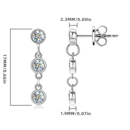 Earrings 2 or 3 Stone Moissanite Gemstones 925 Silver Round 3mm VVS1+