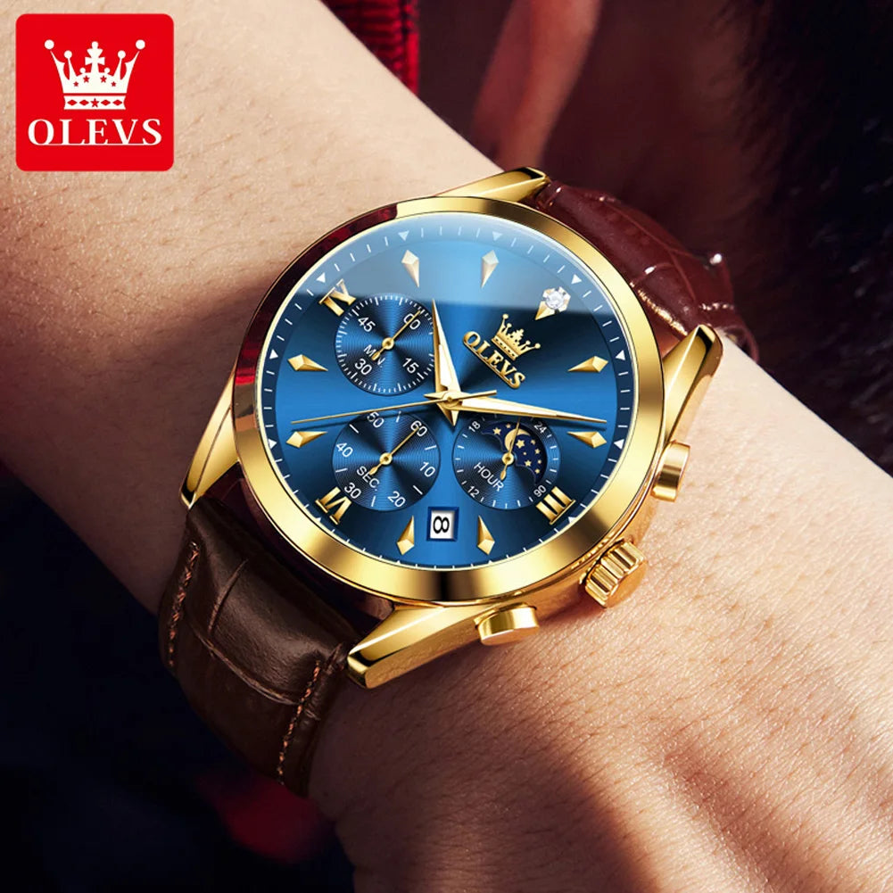 OLEVS Moon Phase Luminous Quartz Leather Strap Chronograph Watch