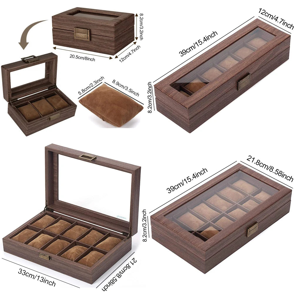 3/6/10/12  Pu Leather Watch Box Portable Travel Case Vintage Wood Buckle