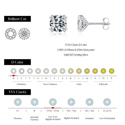 Stud Earrings 925 Sterling Silver Brilliant Round Cut Lab Created Diamond