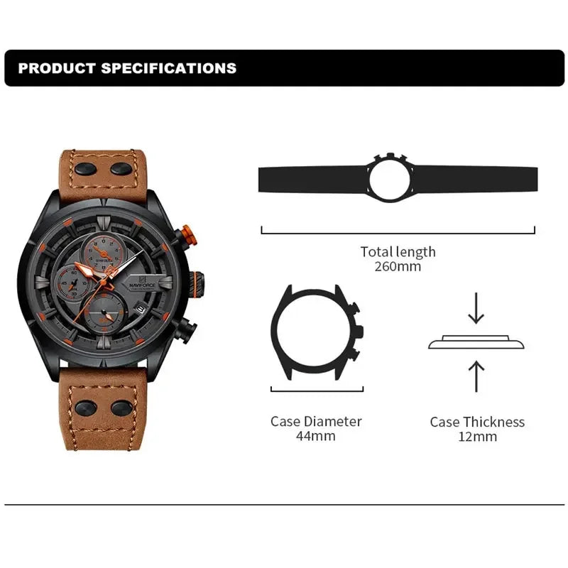 NAVIFORCE Men's Watch Genuine Leather Strap Male Chronograph Quartz