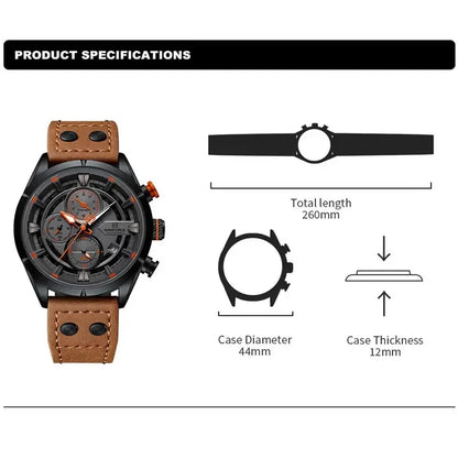 NAVIFORCE Men's Watch Genuine Leather Strap Male Chronograph Quartz