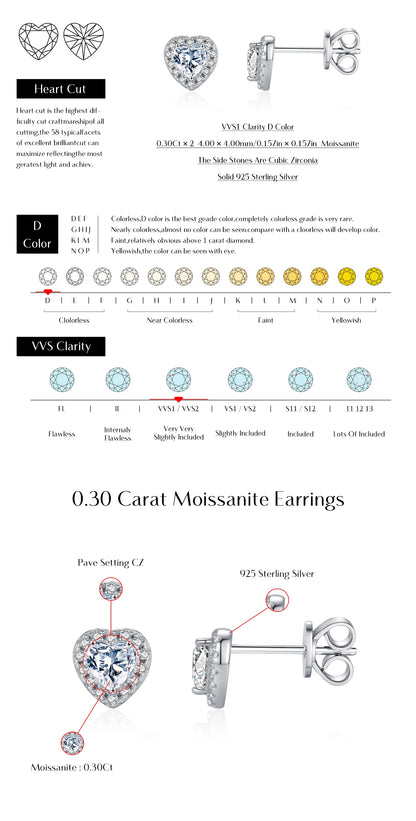 Stud Earrings Heart Cut 925 Sterling Silver.