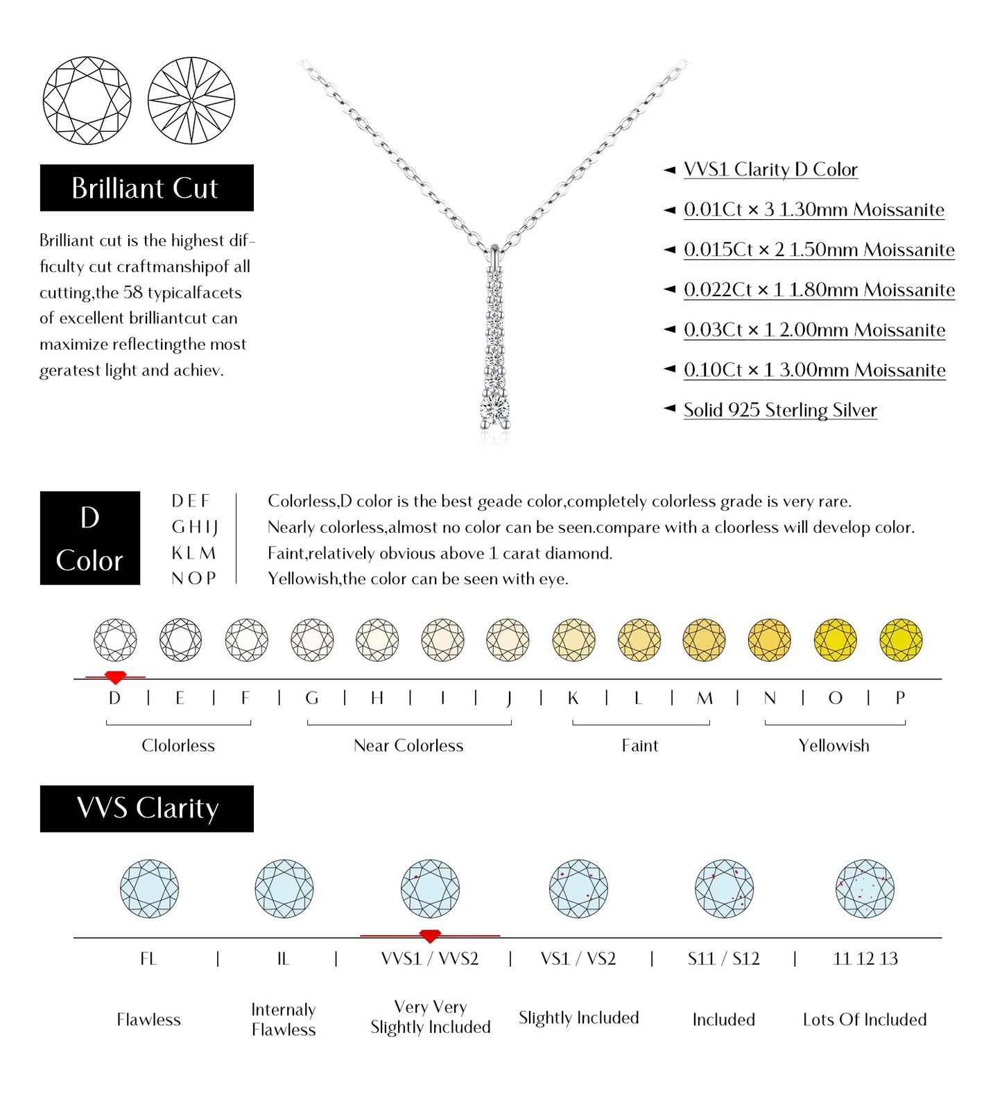 D Colour Moissanite Necklace Prong Setting 925 Sterling Silver.