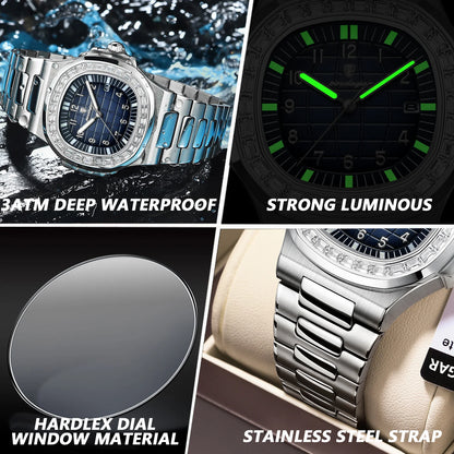 Men's Luminous Waterproof Date Stainless Steel Quartz Watch POEDAGAR