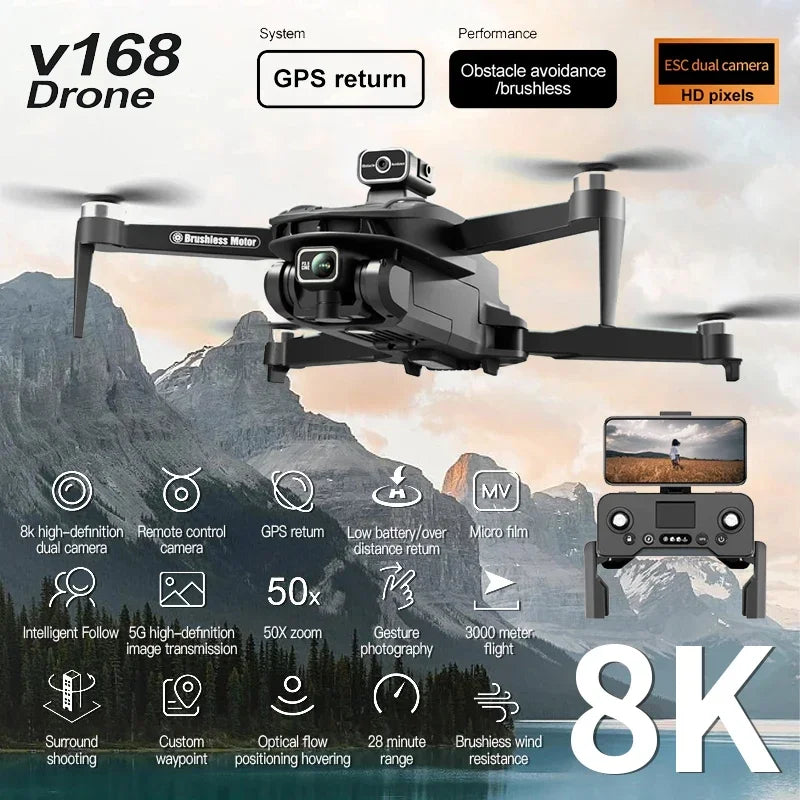 V168 Drone Pro Three Camera 8K Wide Angle GPS Four-way Obstacle Avoidance