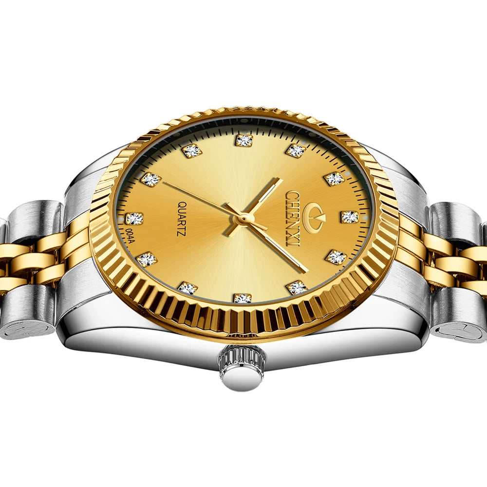 CHENXI Rhinestone Dial Golden Quartz Watch Stainless Steel + Waterproof