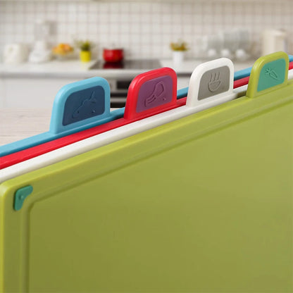 LMETJMA 4Pcs Color-Coded Plastic Cutting Board Set with Storage Stand Thicker Chopping Board Set Slip-Resistant Design JT114