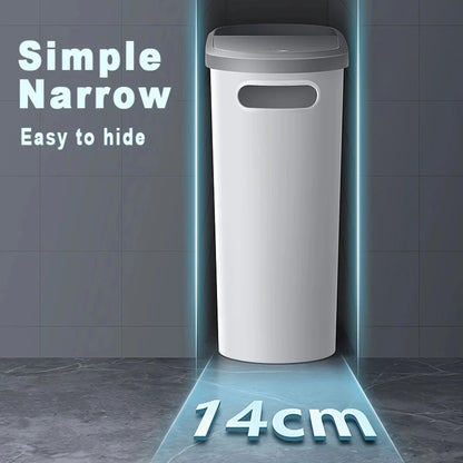 Slim Plastic Trash Bin With Lid, Easy Press-Top, Space Saving Design.