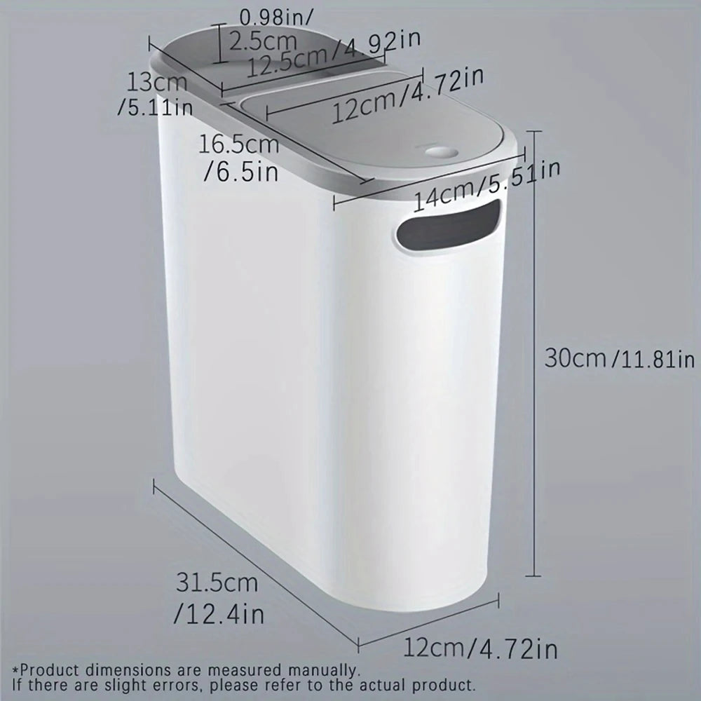 Slim Plastic Trash Bin With Lid, Easy Press-Top, Space Saving Design.