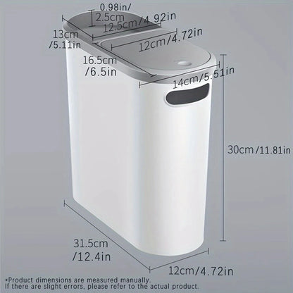 Slim Plastic Trash Bin With Lid, Easy Press-Top, Space Saving Design.