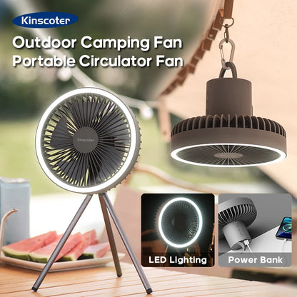 Camping Fan Power Bank + LED Light. Rechargeable & Wireless.