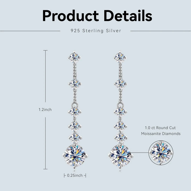 Earrings Long Tassel Moissanite 3.0ct + 925 Sterling Silver Dangling Earrings