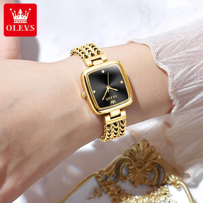 OLEVS Womens Wristwatch Gold Watch Square Dial. Elegant Quartz Stainless Steel