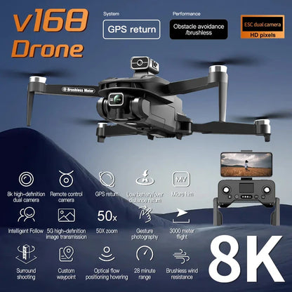 Camera Drone V168 Pro Max 8K Professional Dual Camera GPS 25 Mins Flight