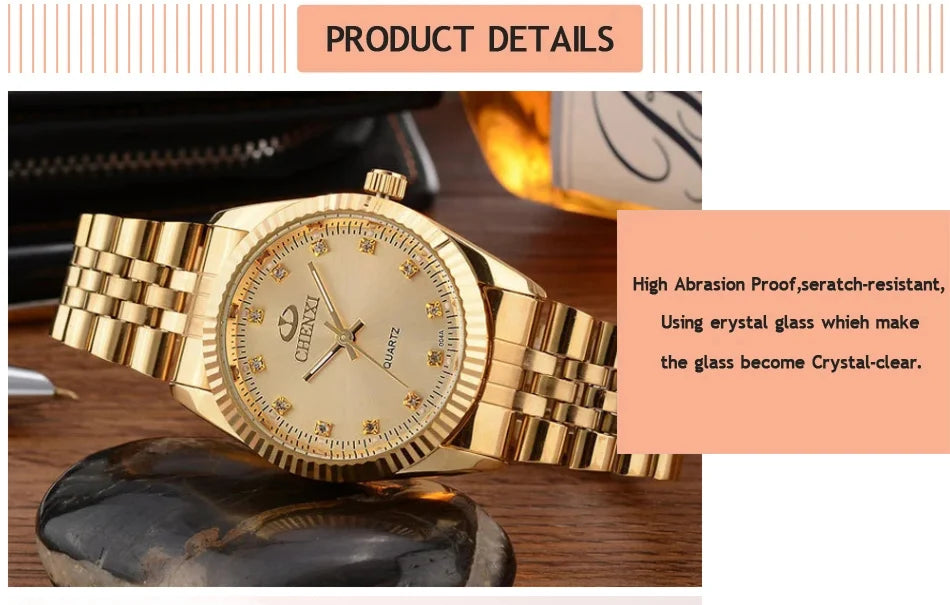 CHENXI Rhinestone Dial Golden Quartz Watch Stainless Steel + Waterproof