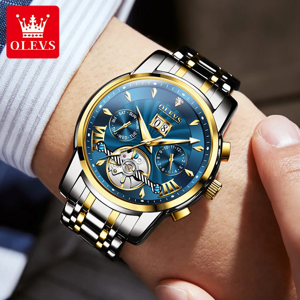 OLEVS Wristwatch for Men Skeleton Flywheel Mechanical Classic Calendar.