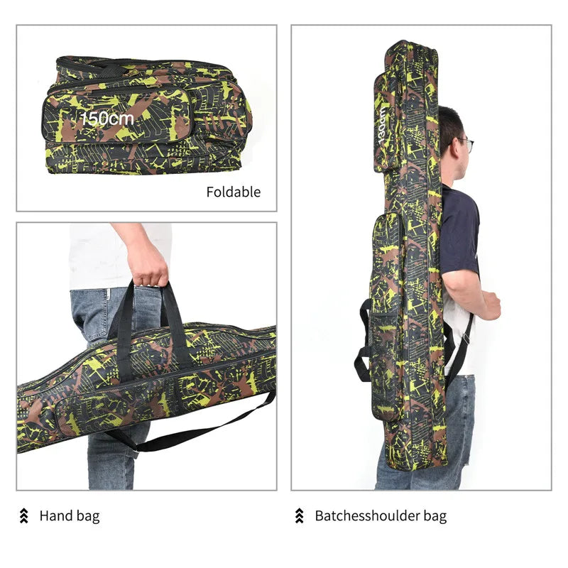 1.3m/1.5m 2-layer foldable large fishing bag, double shoulder rod bag.