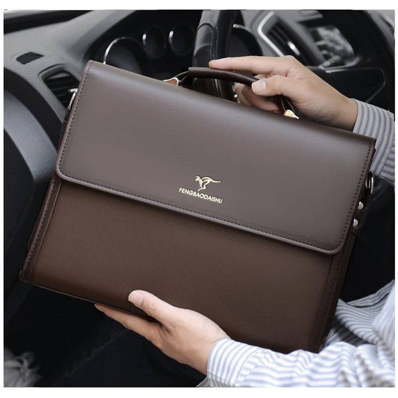 Luxury Briefcase For Business + Shoulder Strap + Top Handle. PU Leather.