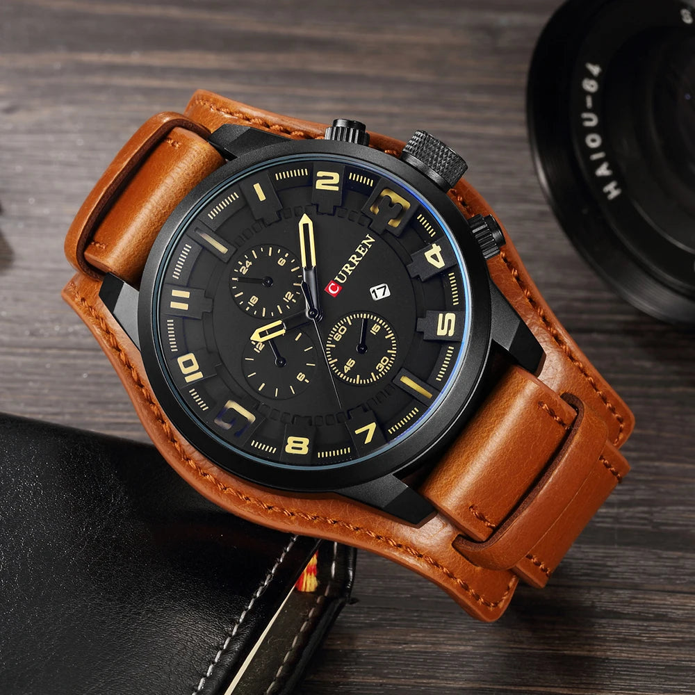 Curren 8225 Auto Date Waterproof Men's Watches with Leather Strap.