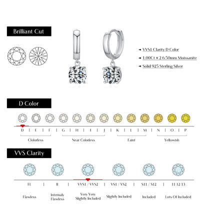 1.0CT D Colour Moissanite Hoop Earrings 925 Sterling Silver