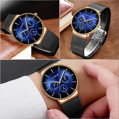 Men's Watch LIGE Fashion Quartz Watch Mesh Steel Waterproof Ultra-Thin