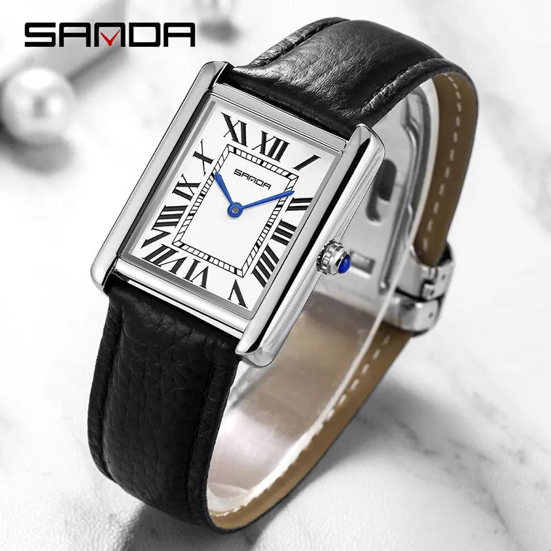 Quartz Watches Wear Resistant Leather Strap Square Dial by SANDA