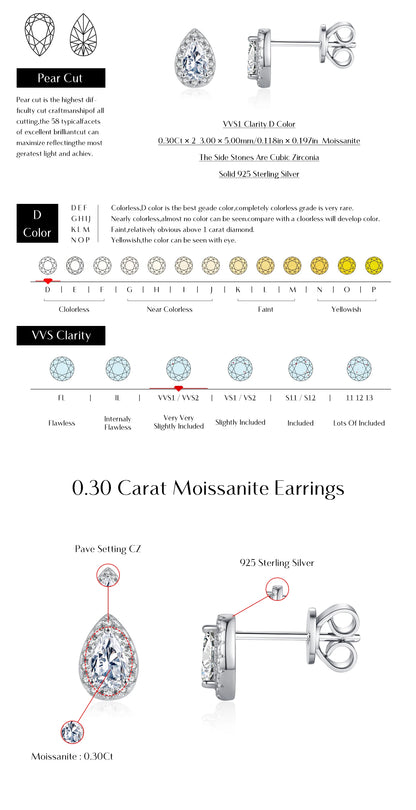 Pear Cut Stud Earrings 925 Sterling Silver Water Drop Lab Diamonds
