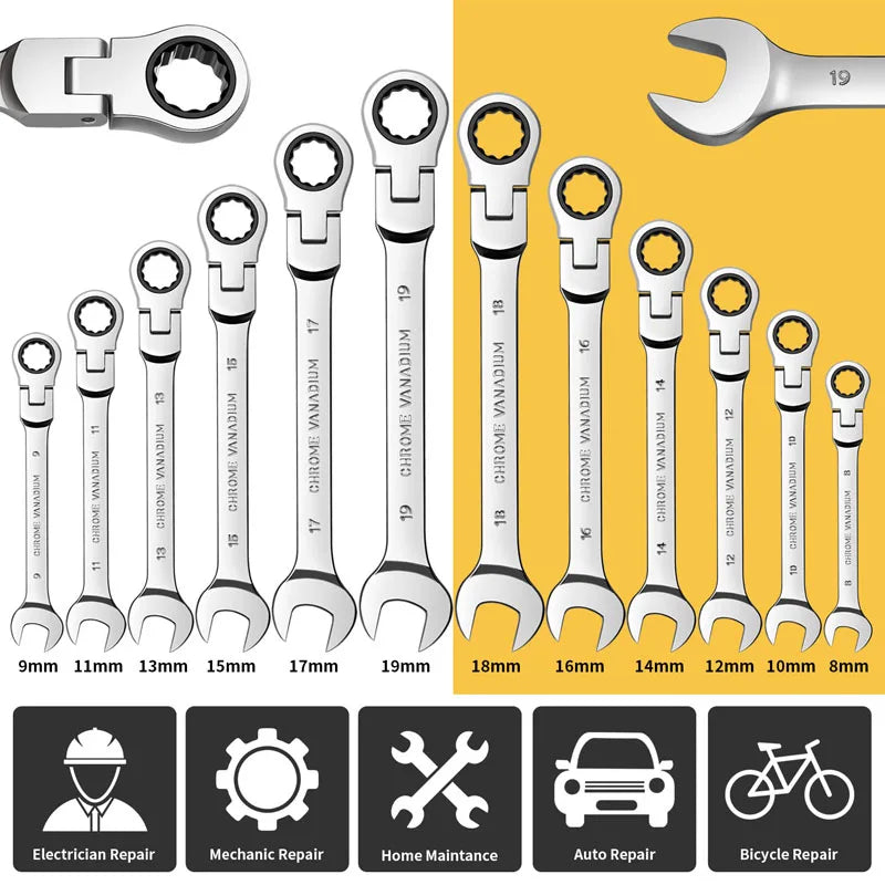 Spanner Set Chrome Vanadium Steel CR-V Flex-Head with Organizer Bag