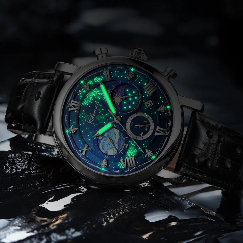 Men's Watch Luxury Leather Chronograph Date Waterproof Luminous Dial