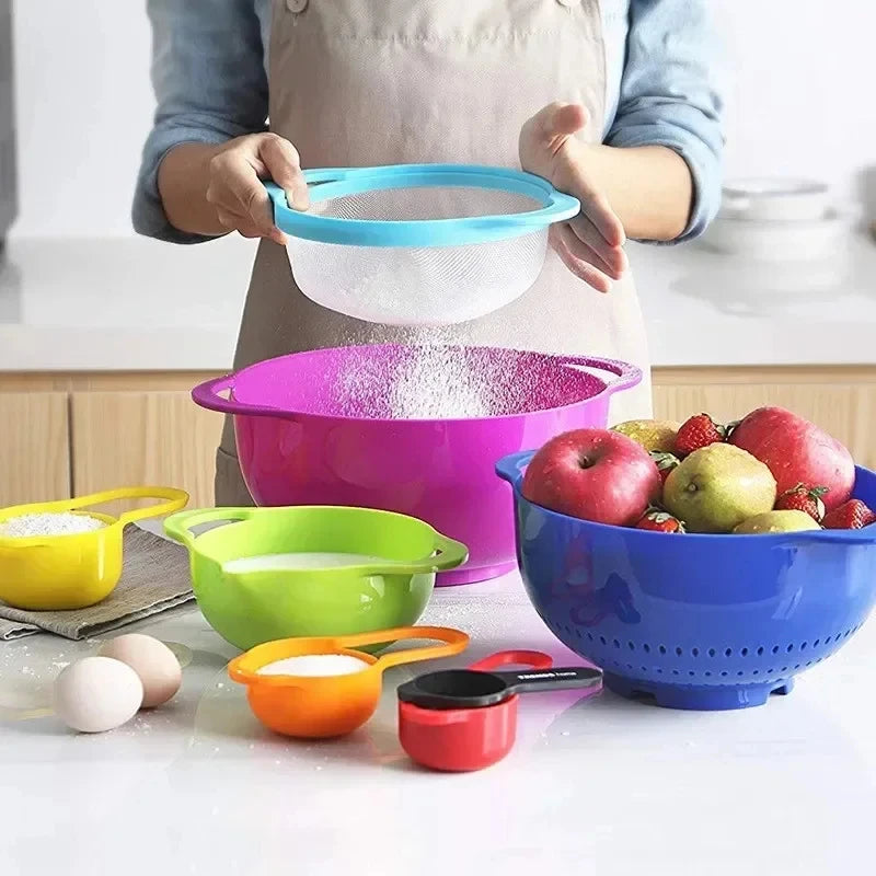 10 Pcs Plastic Mixing Bowl Set with Fruit Pattern Multifunctional Nesting Bowls with Measuring Cup and Spoons For Kitchen Baking