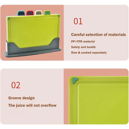 LMETJMA 4Pcs Color-Coded Plastic Cutting Board Set with Storage Stand Thicker Chopping Board Set Slip-Resistant Design JT114