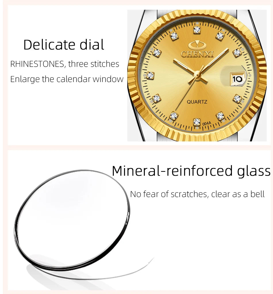 CHENXI Rhinestone Dial Golden Quartz Watch Stainless Steel + Waterproof