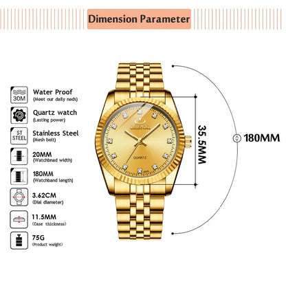 CHENXI Rhinestone Dial Golden Quartz Watch Stainless Steel + Waterproof