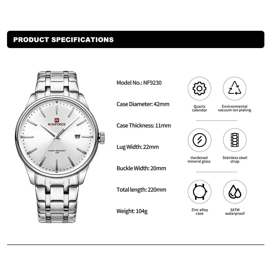 NAVIFORCE Men's Calendar Watch Waterproof Stainless Steel NF9230